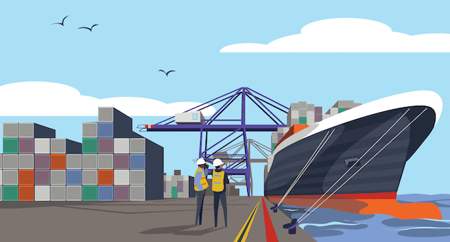 illustration of a port where containers are being loaded onto a freight vessel